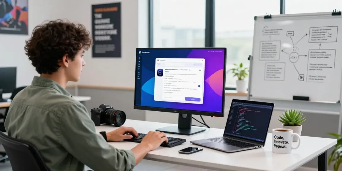 AI chatbot interface on a modern desk with coding elements and motivational decor in a bright tech workspace.