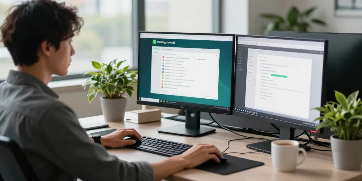 Person using WhatsApp電腦版 on a professional workspace, showcasing modern technology in action.