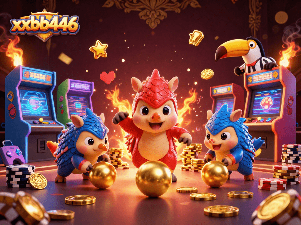 Engaging 3D scene with rival pangolins at xxbb446 rolling golden balls among poker chips.