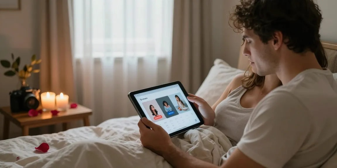 Couple engaging with AI sex technology in cozy bedroom setting.