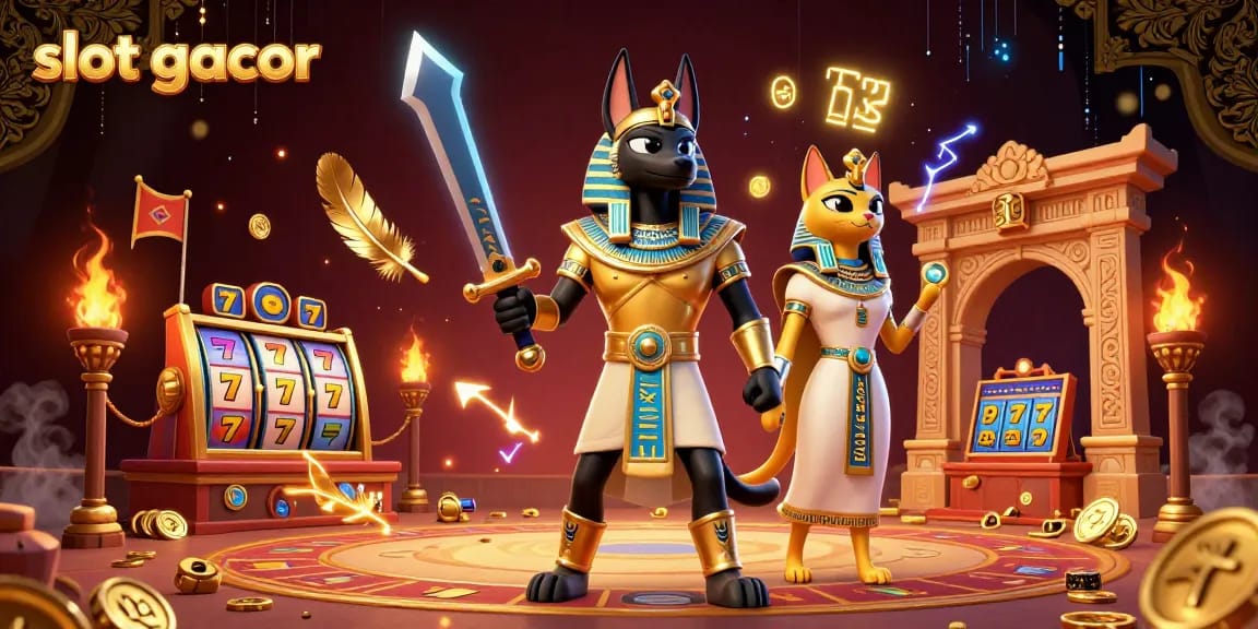 Engage with slot gacor through this dynamic casino scene featuring Anubis and Bastet among symbols of fortune.