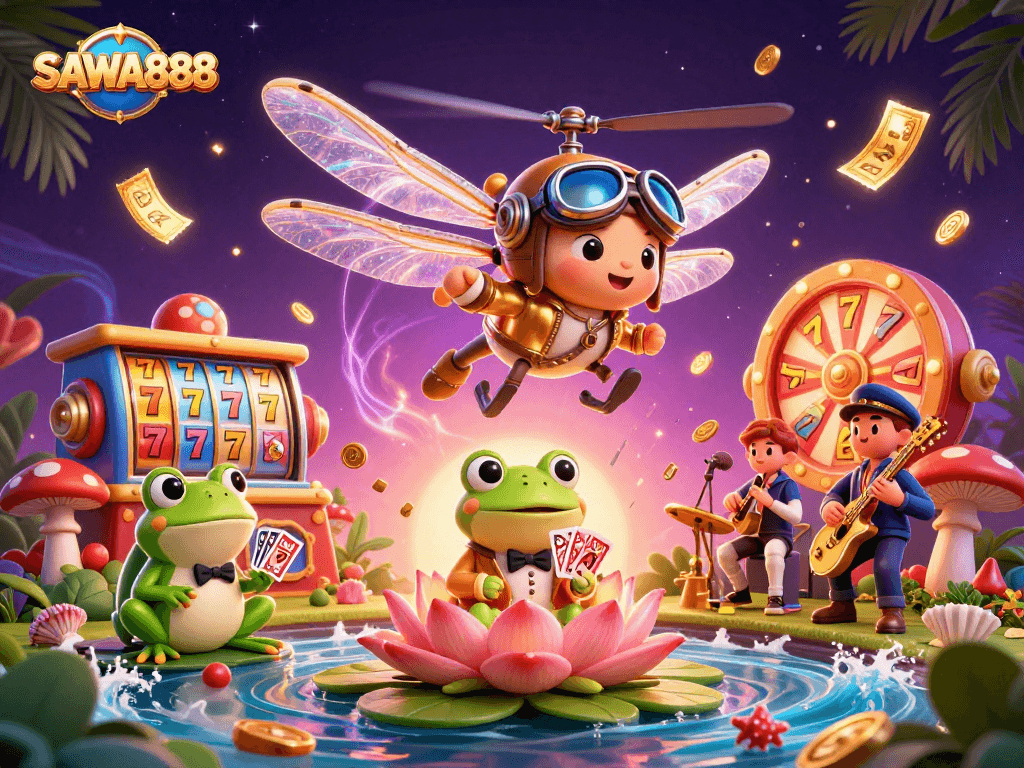 SAWA888 slot scene with lively characters playing cards and jazz in a vibrant casino setting.