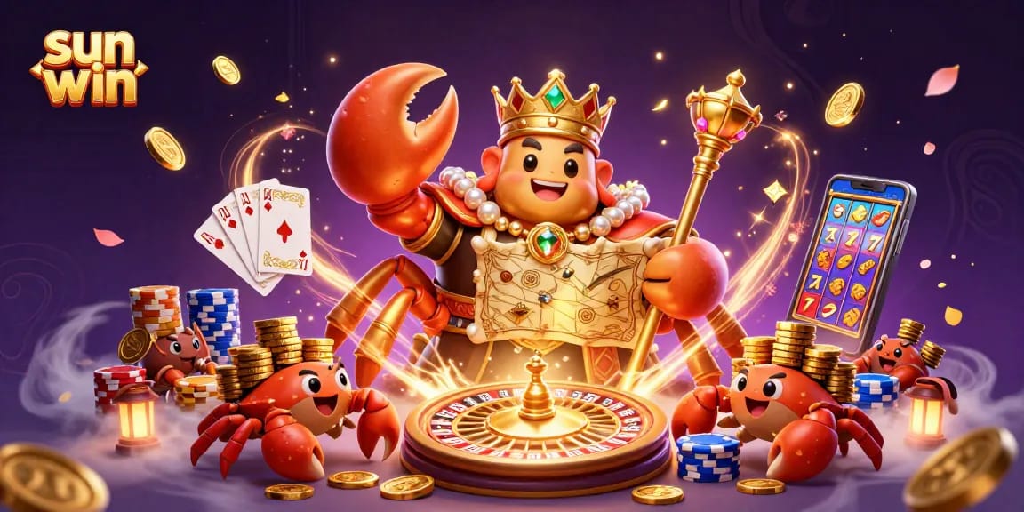 Get ready to win big with sun win featuring a golden crab emperor in a vibrant casino scene.