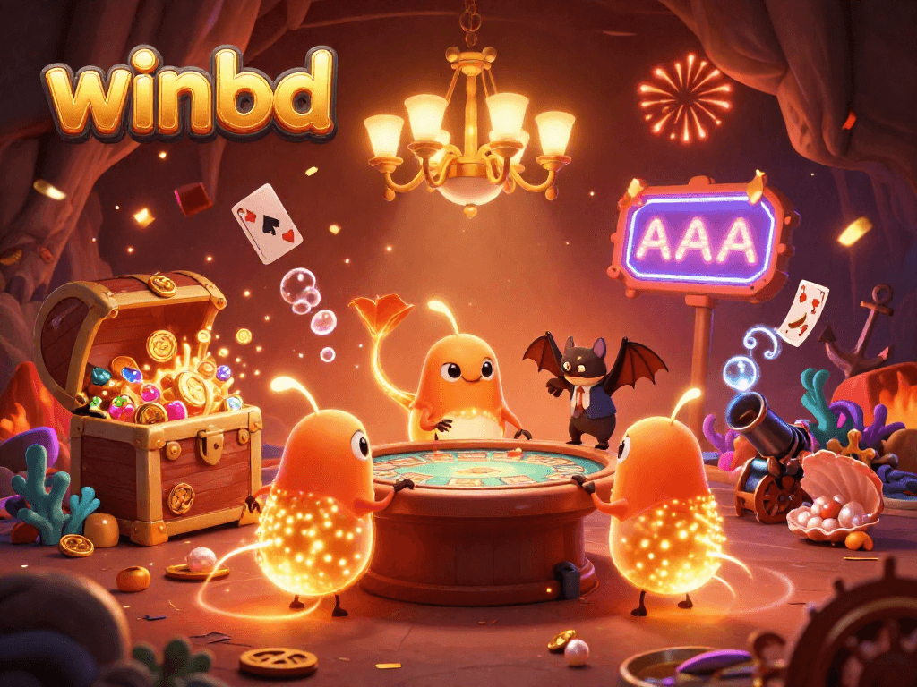 Experience the excitement at winbd casino with gold coins and glowing games in a vibrant 3D scene.