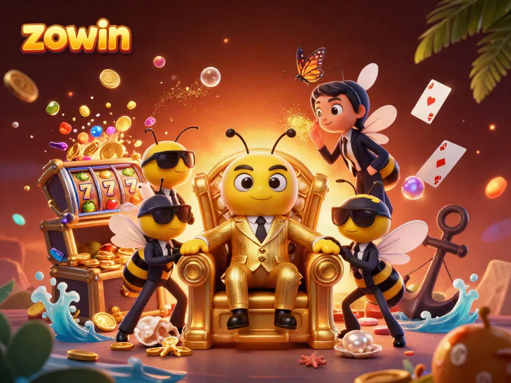 Zowin's vibrant casino world with a bumblebee mob boss and gold-rich slot machine elements