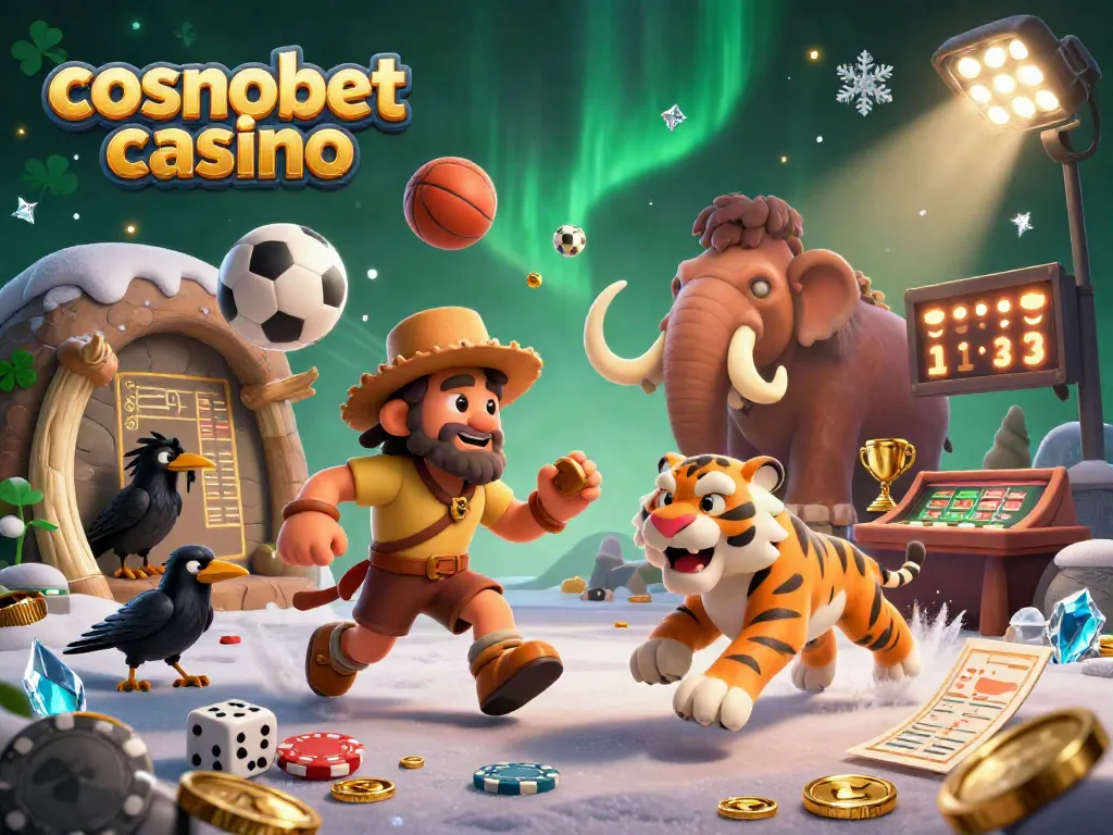 Experience the thrill of cosmobet casino with a dynamic prehistoric scene of playful characters and sports elements.