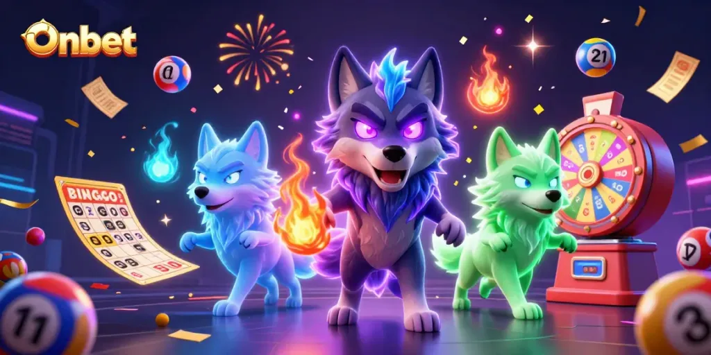 Engage with Onbet's thrilling atmosphere, featuring a 3D wolf pack leader amidst colorful lottery elements.