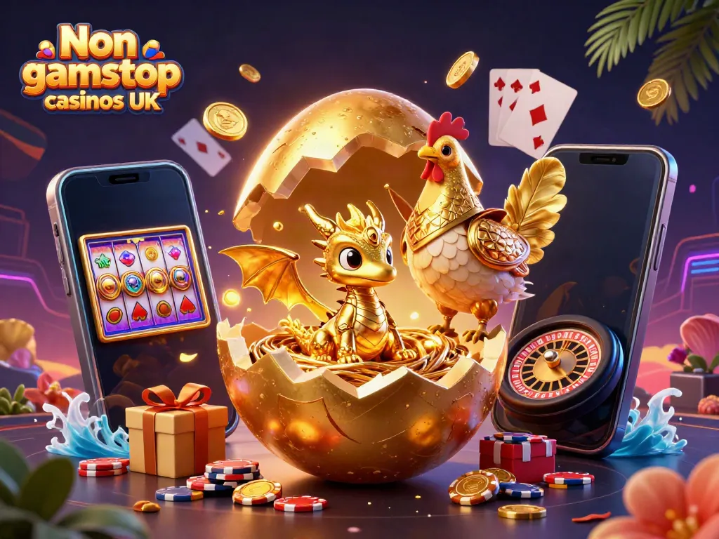 Engage with Non gamstop casinos UK through a vibrant scene featuring a golden dragon and dynamic gaming elements.
