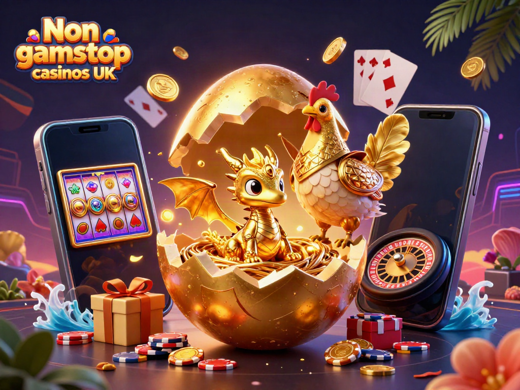 Engage with Non gamstop casinos UK through a vibrant scene featuring a golden dragon and dynamic gaming elements.