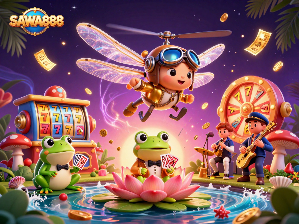 SAWA888 slot scene with lively characters playing cards and jazz in a vibrant casino setting.