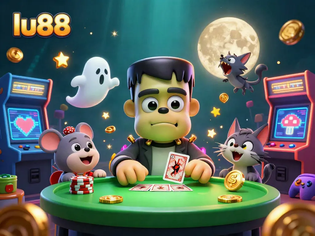 lu88 showcases a lively 3D casino scene with cartoon characters and gaming elements for a thrilling experience