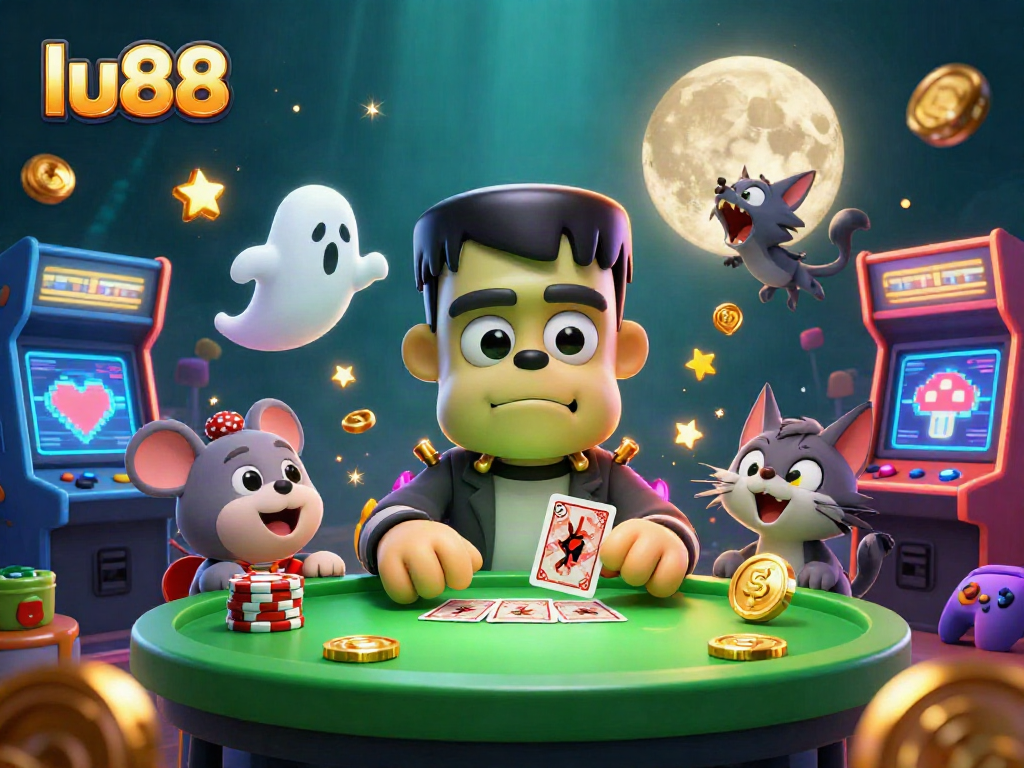 lu88 showcases a lively 3D casino scene with cartoon characters and gaming elements for a thrilling experience