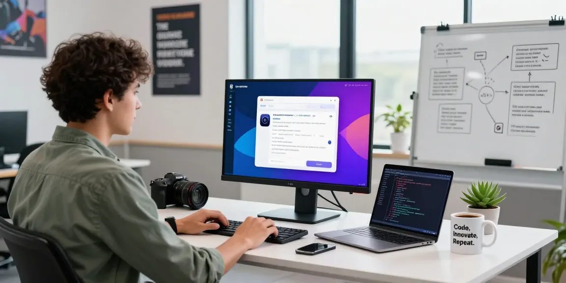 AI chatbot interface on a modern desk with coding elements and motivational decor in a bright tech workspace.