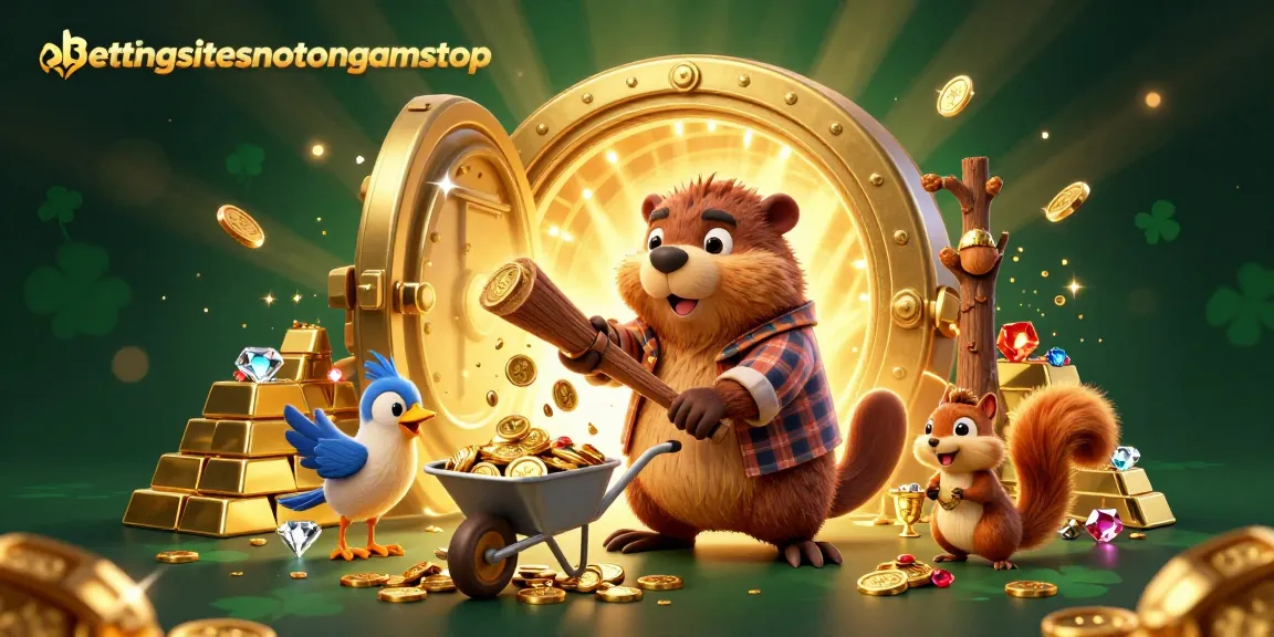 BettingSitesNotOnGamStop showcases beaver collecting coins in a 3D vibrant casino-themed artwork.