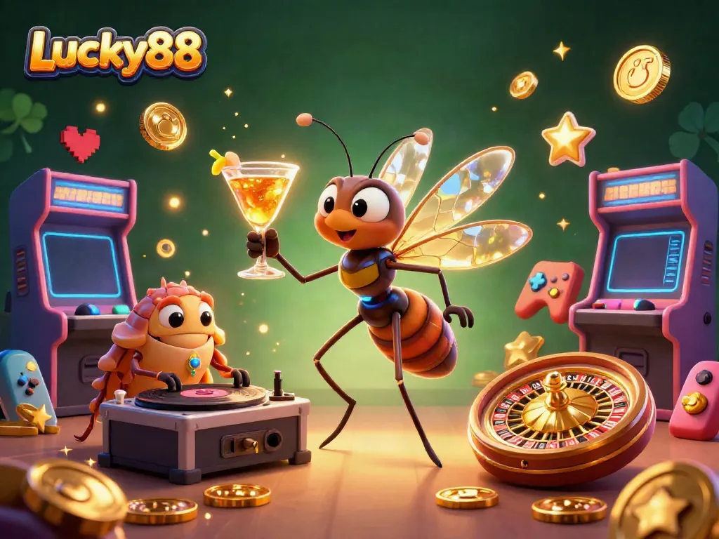 Engage in gaming excitement at Lucky88 with vibrant 3D casino illustration exhibiting iconic characters and rich elements.