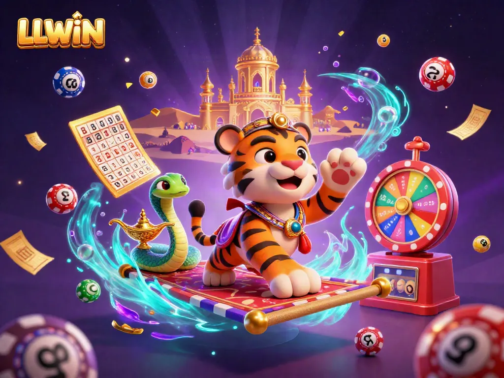 Engage with LLWIN's thrilling online casino magic featuring an Arabian sultan and casino elements.