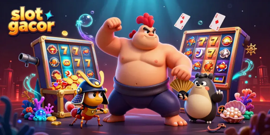 Engage with slot gacor excitement featuring a dynamic 3D sumo rooster and samurai cricket in a lively gaming scene.