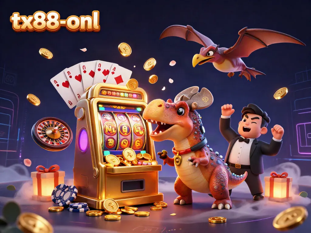 Experience the thrill of tx88-onl with an exciting scene of a pachycephalosaurus and casino elements bursting with fun!