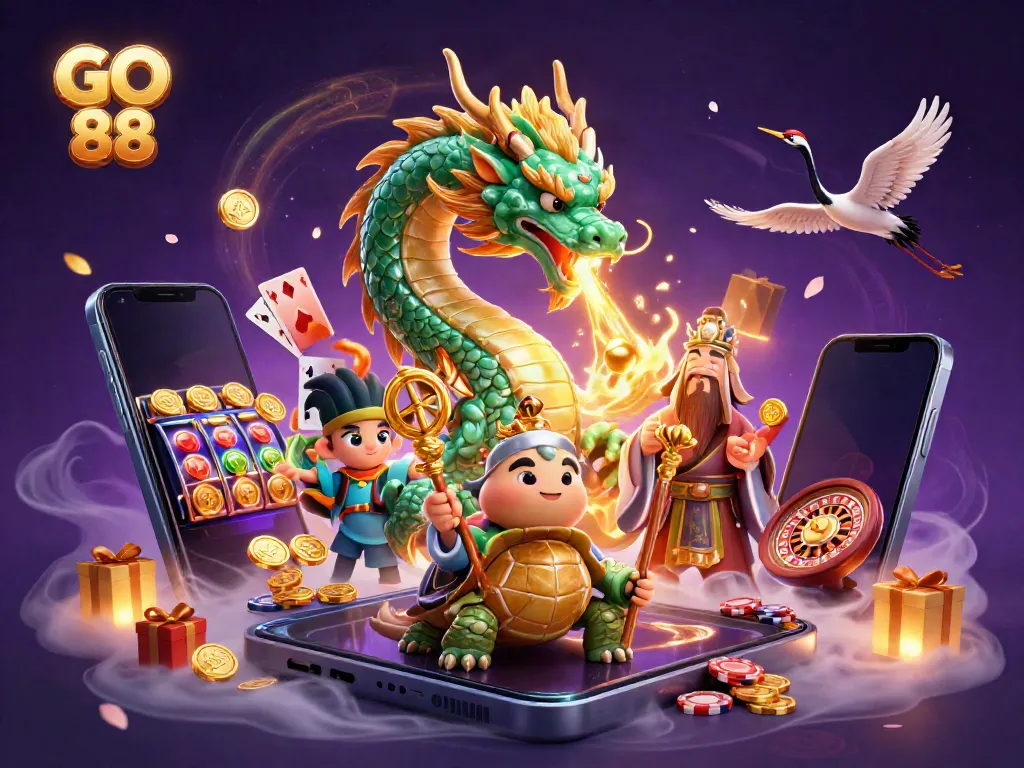 Experience thrilling action with the GO 88 dragon breathing fire amidst vibrant casino game elements.