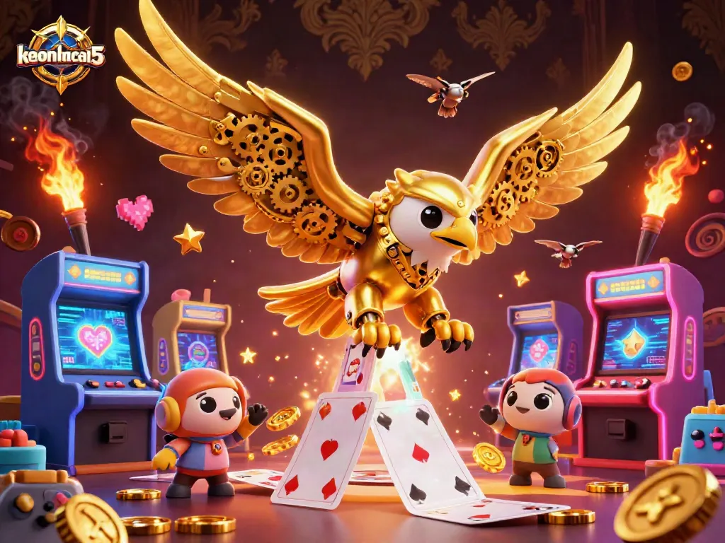 Experience the excitement of keonhacai5 with a golden eagle soaring through casino-themed elements in a vibrant 3D world.