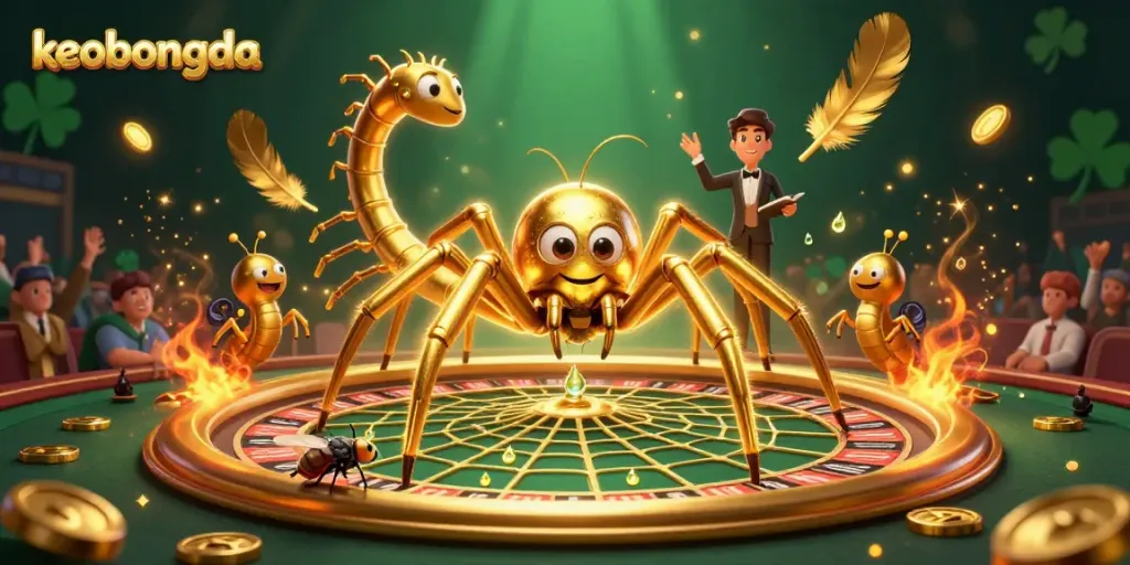 Engage in thrilling gameplay with keobongda as a golden spider spins a roulette web and a fly bets nervously.