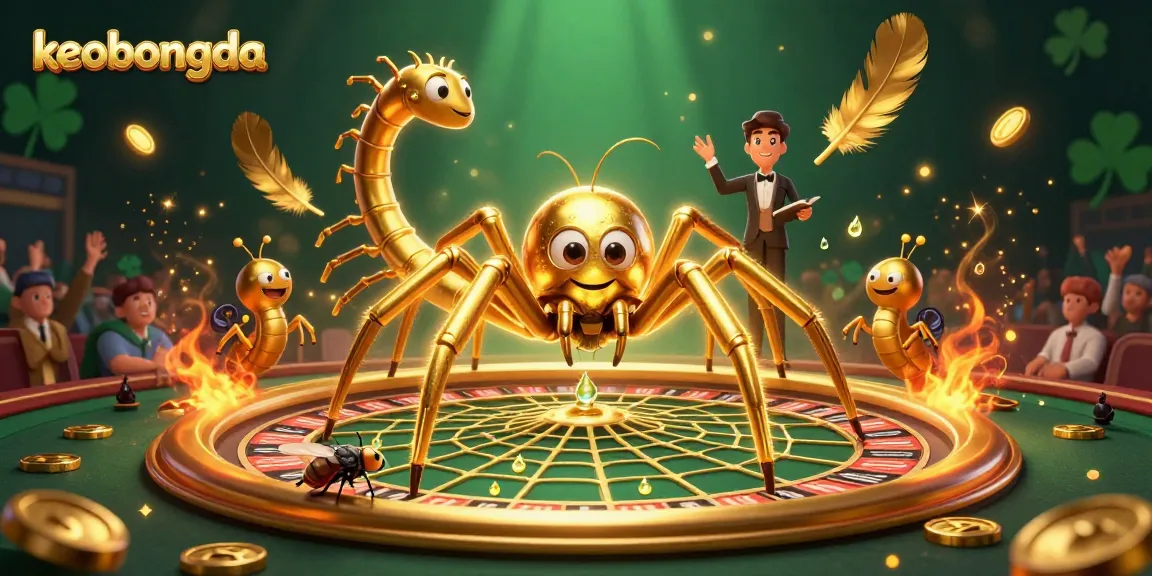 Engage in thrilling gameplay with keobongda as a golden spider spins a roulette web and a fly bets nervously.