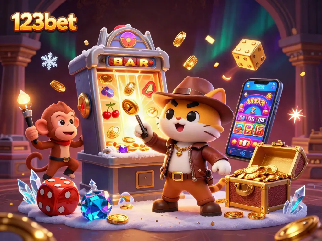 Engage with 123bet's thrilling casino adventure featuring a cat explorer and a monkey companion amidst vibrant gaming elements.