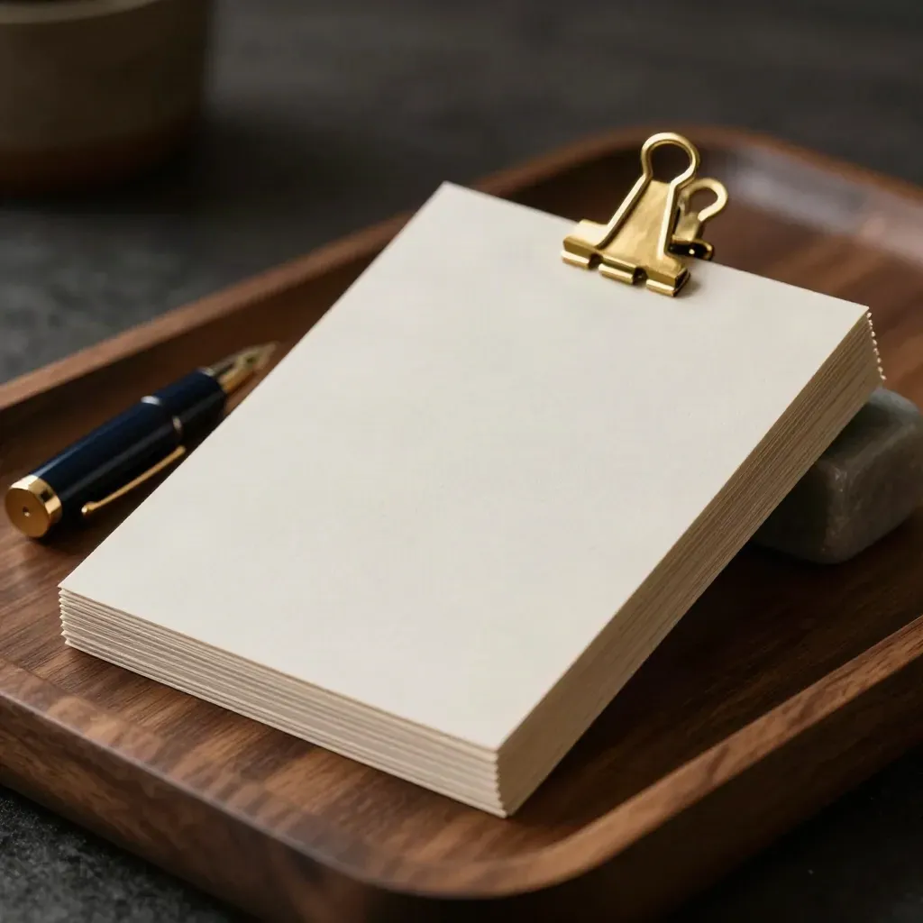 Brass clip and fountain pen cap on a blank proposal card stack over a walnut tray.