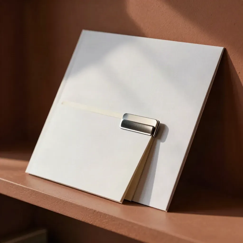 Onboarding folder, sleeve, note cards and clip on terracotta shelf in soft daylight.
