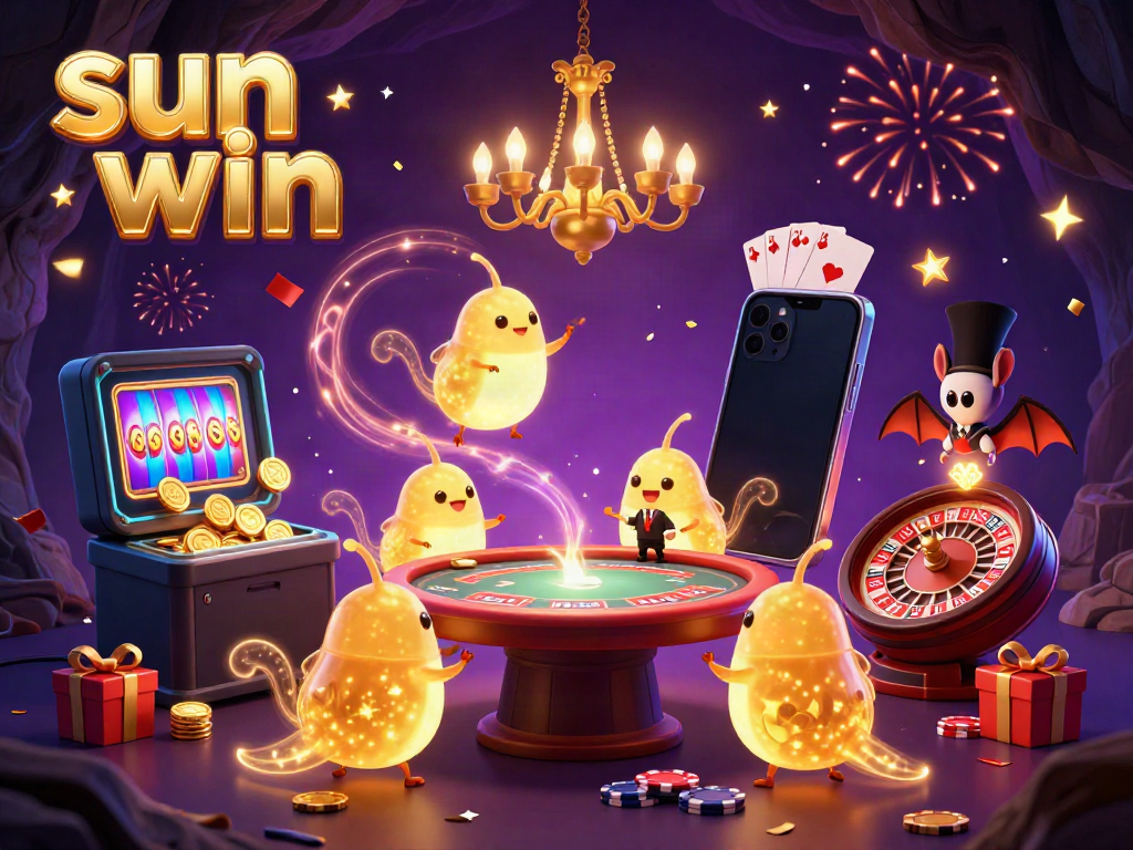 Experience sun win in a vibrant animated casino scene with glowworms, a bat dealer, and dynamic gaming elements.