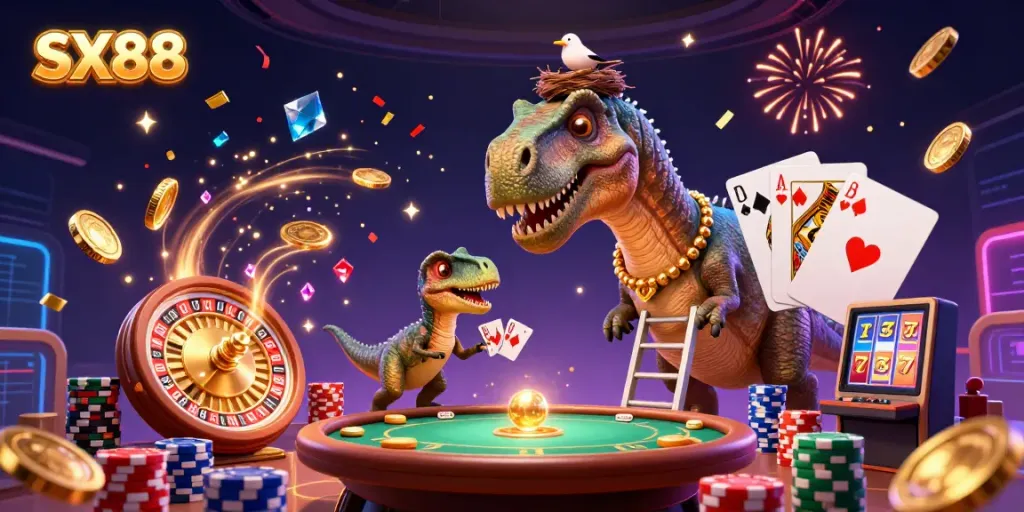 Engage with the colossal brontosaurus and clever raptor in a vibrant SX88 casino scene filled with excitement and winning opportunities.