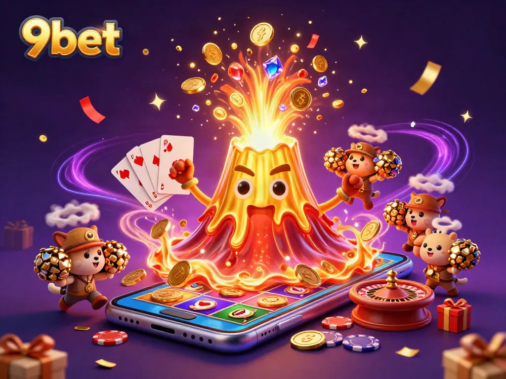 Experience the excitement of 9bet with vibrant treasures erupting from a golden volcano in this colorful casino scene.