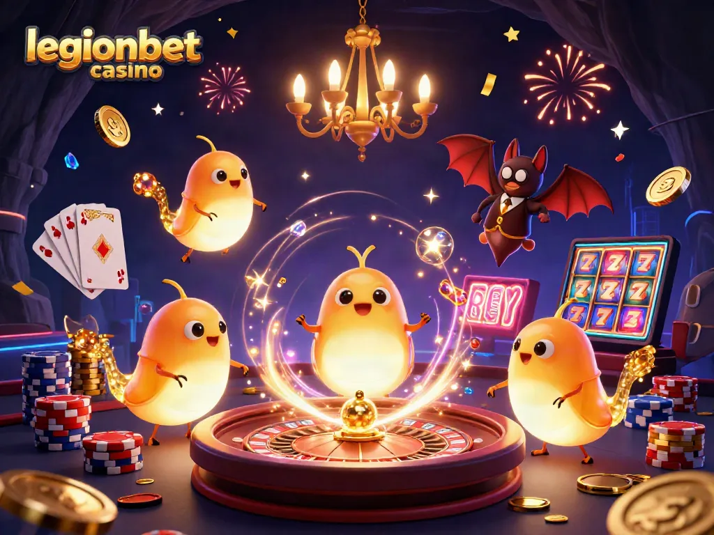Experience excitement at legionbet casino with glowing characters and dynamic games in this vibrant 3D illustration.