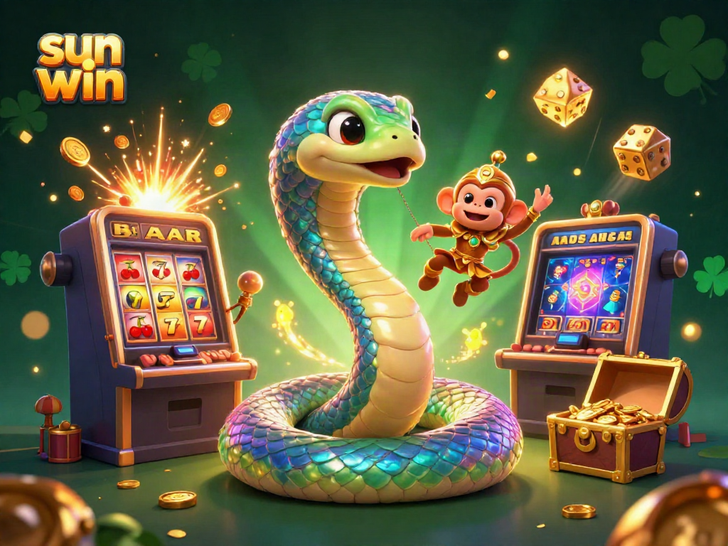 Win big with sun win in this vibrant casino-themed scene featuring lucky symbols and exciting game elements.