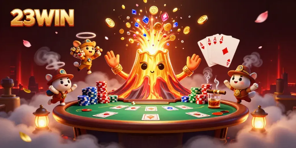 Experience the thrill of 23WIN with a vibrant casino scene showcasing treasure and gaming elements.