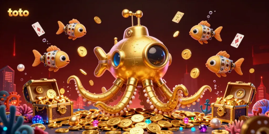 Engage in thrilling casino adventures with toto, featuring a 3D kraken submarine amidst golden jackpot slots.