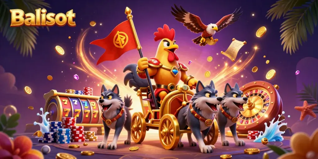 Balislot slot machine scene with a roaring rooster warlord, golden coins, and vibrant casino elements.