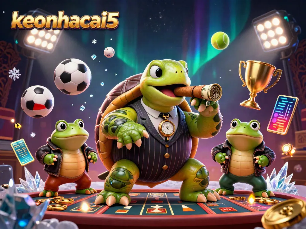Engaging keonhacai5 scene with a turtle mobster and bullfrog enforcers amidst sports betting elements.