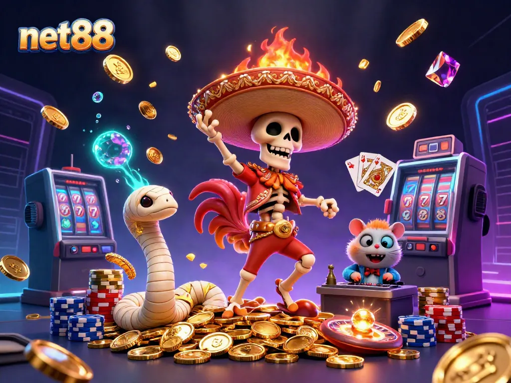 Engage with net88 through a vibrant 3D casino scene filled with golden coins, poker chips, and dynamic characters.