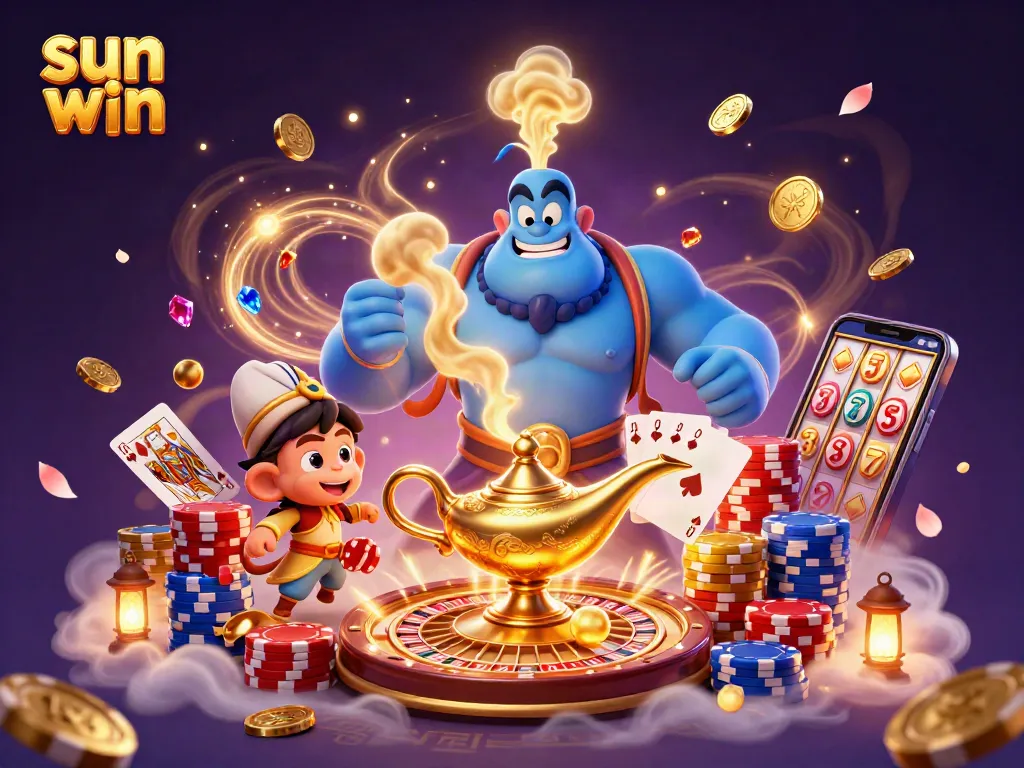 Experience the excitement of sun win with a rich scene of a blue genie, poker chips, and game elements.