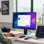 AI chatbot interface on a modern desk with coding elements and motivational decor in a bright tech workspace.