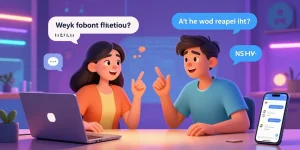Engaging NSFW chat scene featuring expressive avatars in a vibrant virtual room.