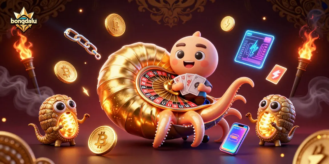 Bongdalu showcases an energetic casino scene with a giant nautilus roulette, glowing crypto elements and dynamic gaming visuals.