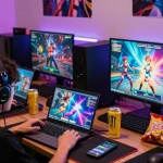 Engaged players enjoying transformation hentai games on laptops and mobile devices in a vibrant gaming room atmosphere.