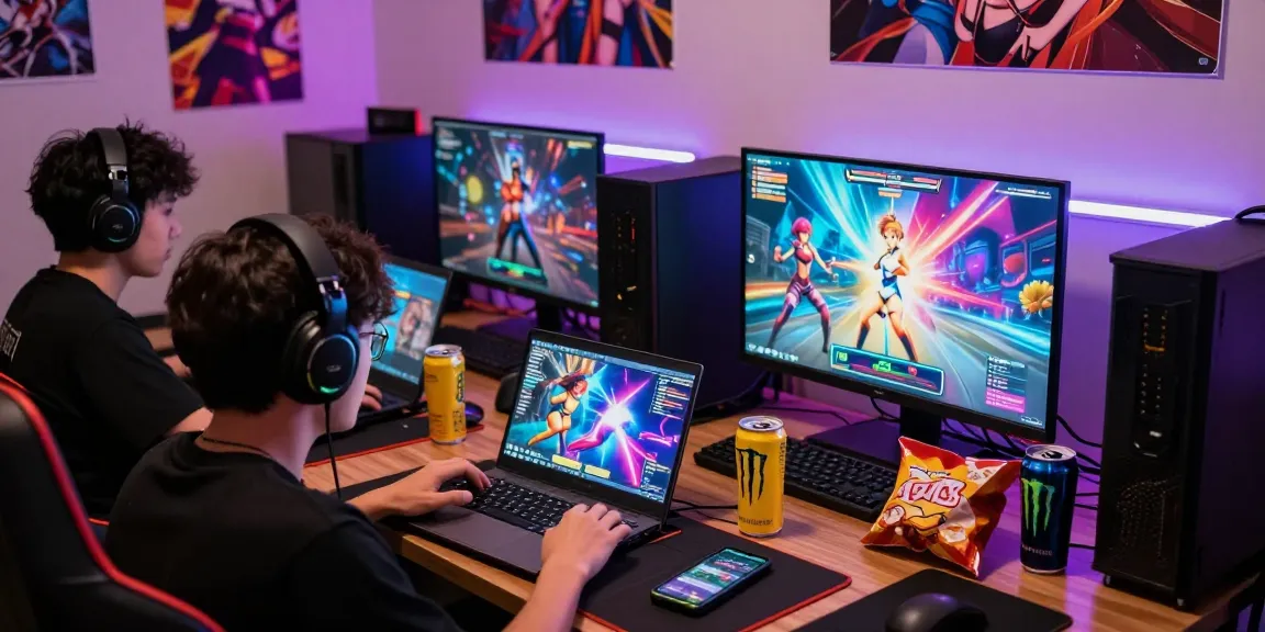 Engaged players enjoying transformation hentai games on laptops and mobile devices in a vibrant gaming room atmosphere.