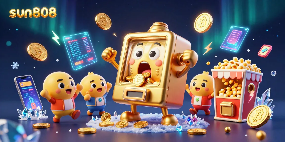 sun808 jackpot celebration with a sentient slot machine and cheering baby slots in a vibrant 3D casino scene.