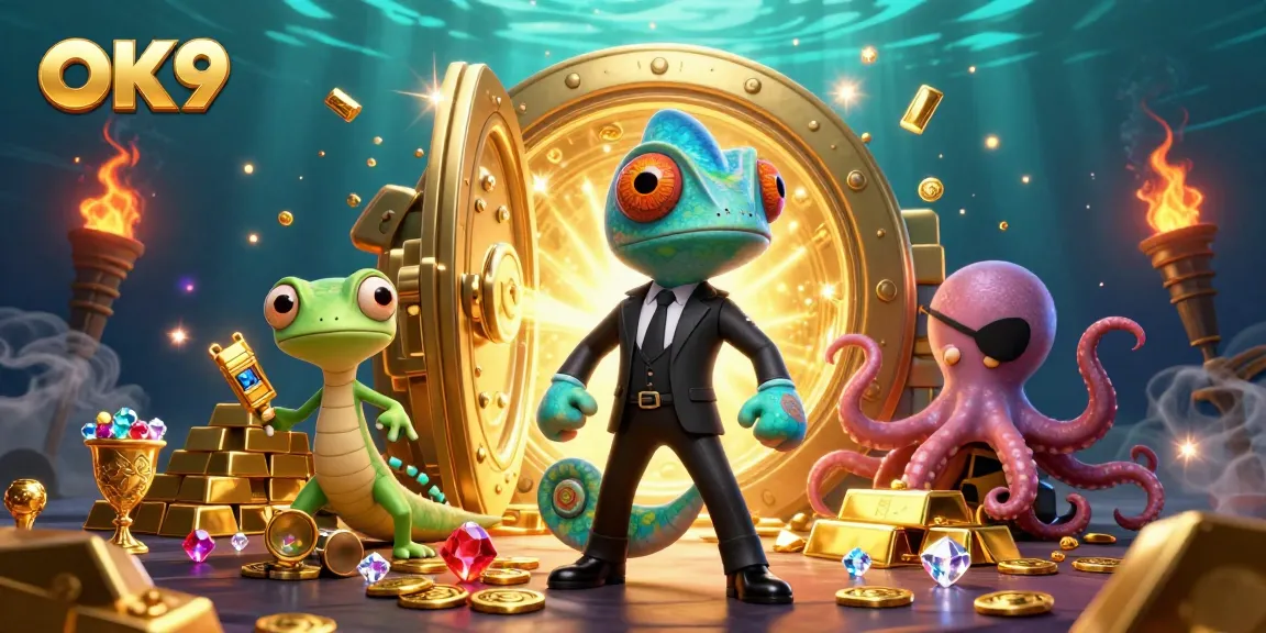 Join the exciting world of OK9 with a vibrant 3D illustration showcasing dynamic casino elements and vibrant characters.