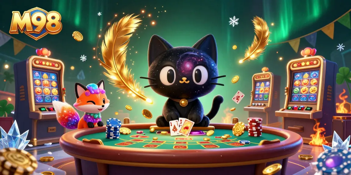 M98 black hole cat engaging in vibrant casino action with colorful galaxy elements.